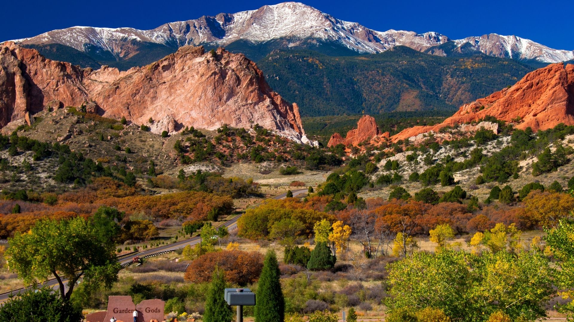 Image of Colorado Springs with Pikes Peak and Garden of the Gods.